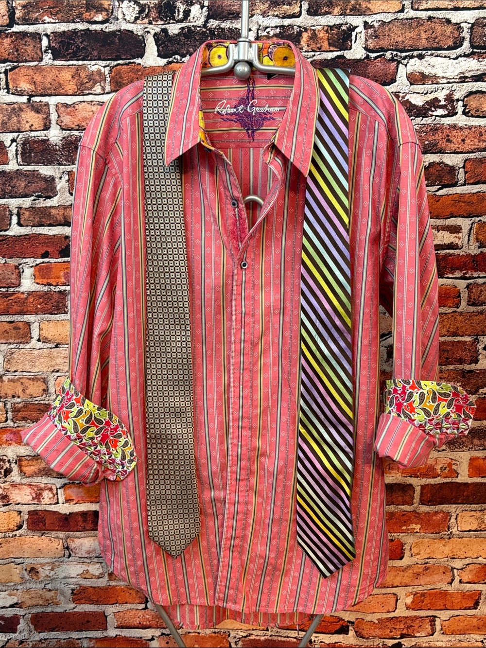 Robert Graham Pink w/Blue & Yellow Stripe Button Long Sleeve Shirt Fruit/Paisley